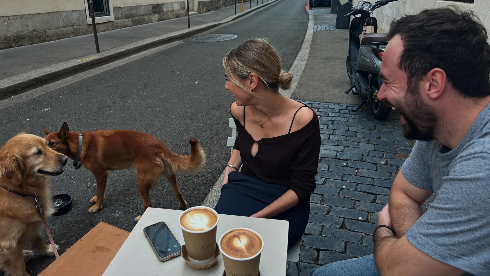 Two people laughing at an outdoor café table with coffees while their golden retriever and red dog greet each other