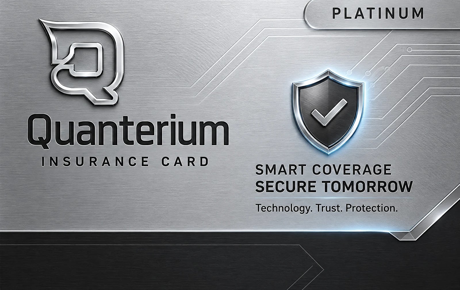 Concept of the Quanterium Insurance Card, Platinum: brushed platinum with a shield