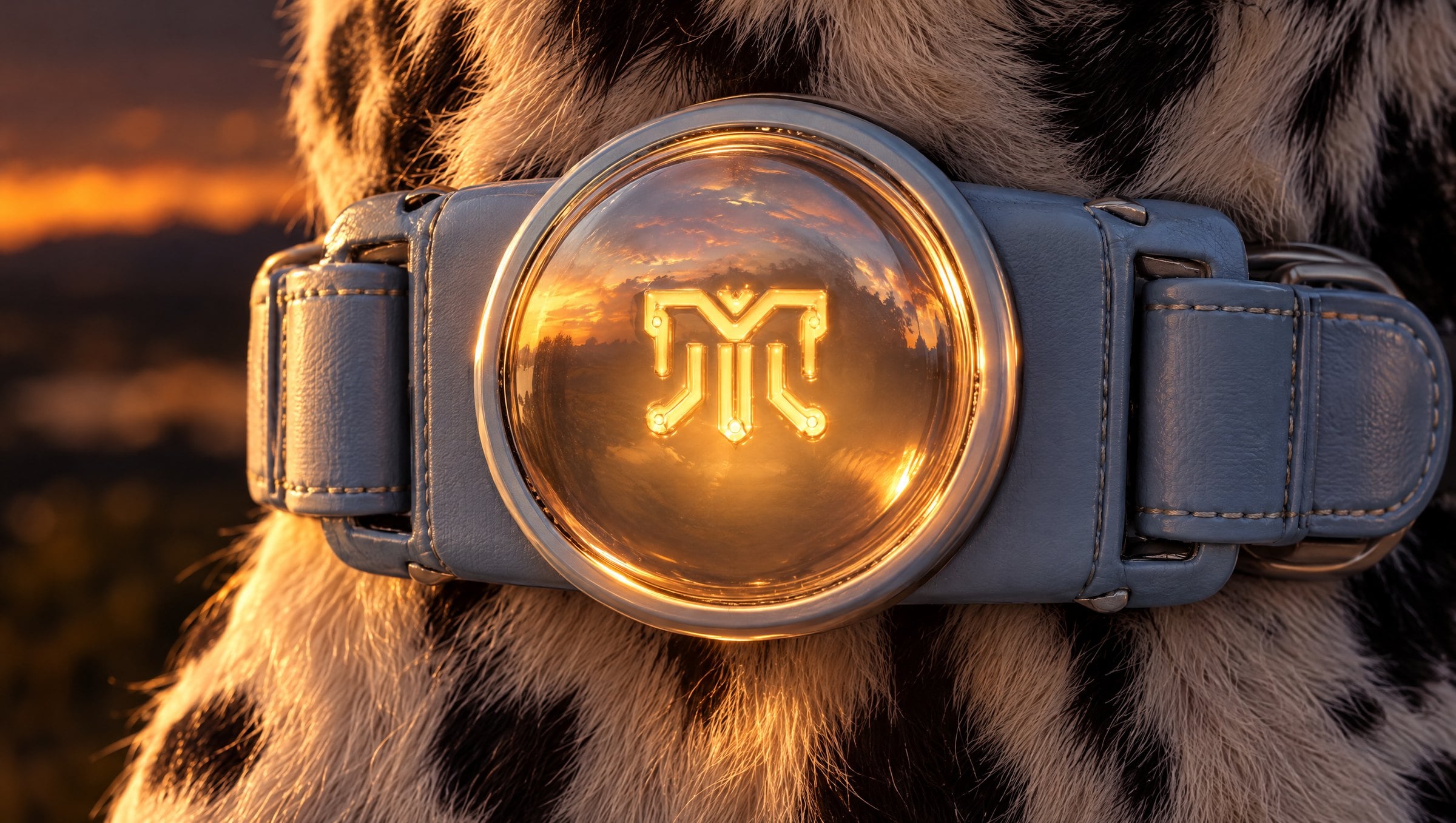A close-up of the collar’s domed glass sensor glowing amber