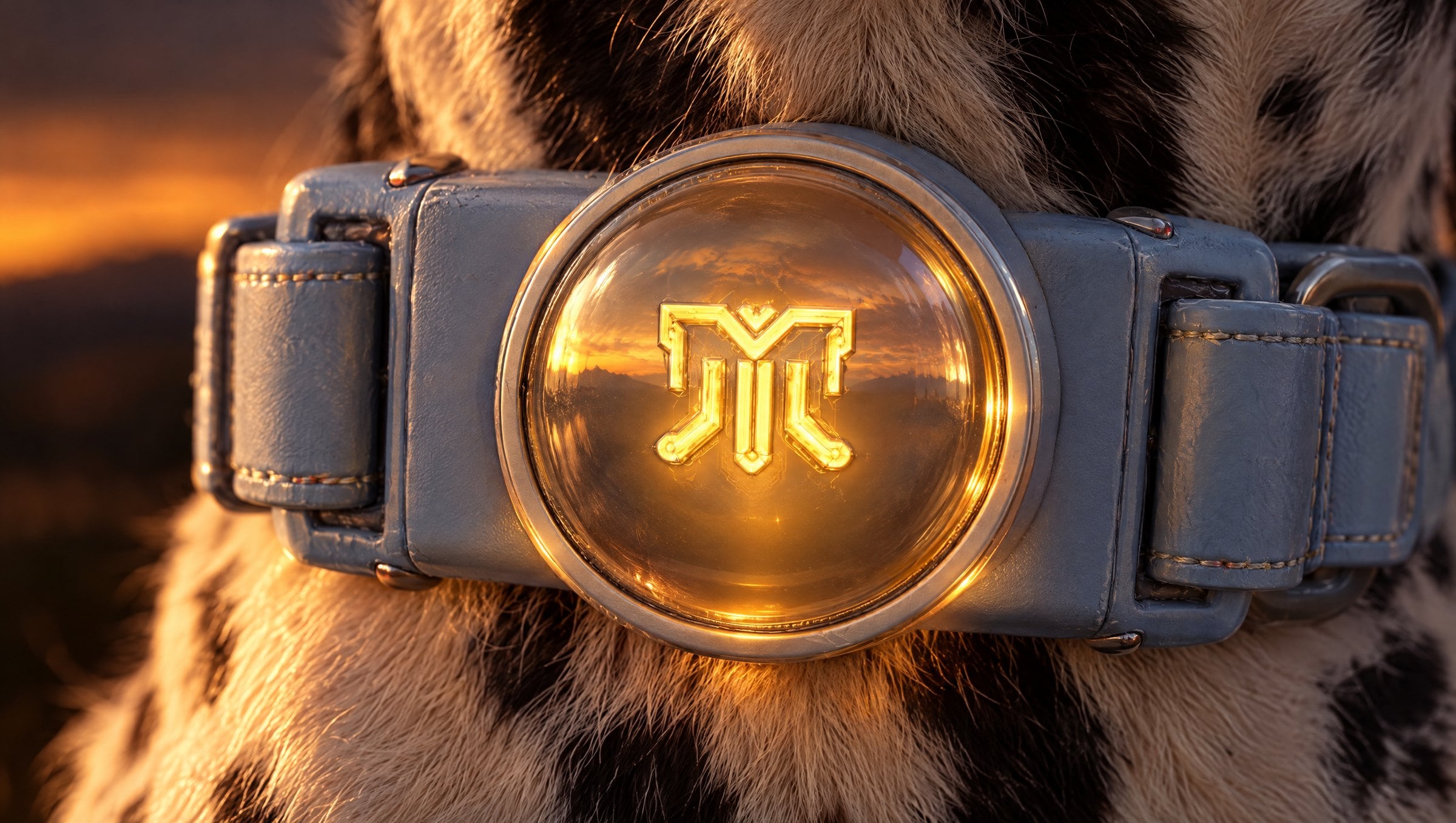 A close-up of the Health Collar’s glass sensor glowing amber against a Dalmatian’s fur at dusk