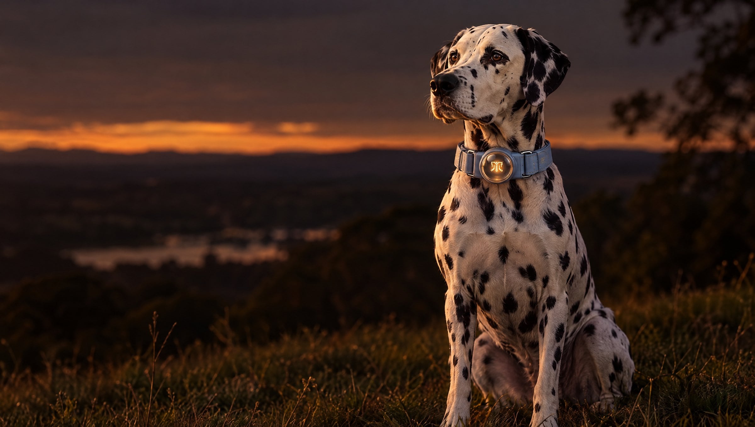 A Dalmatian sitting on a hillside at dusk, wearing the Health Collar with its glowing glass sensor