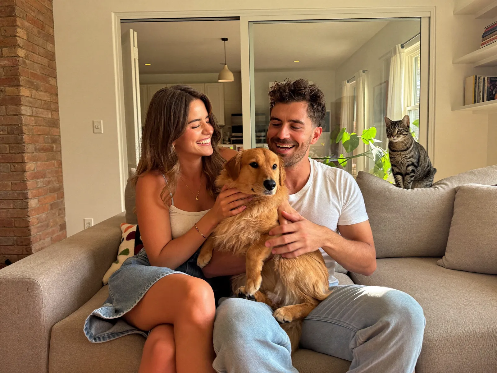 A couple laughing on the sofa at home with their dog, while their tabby cat watches from the cushions