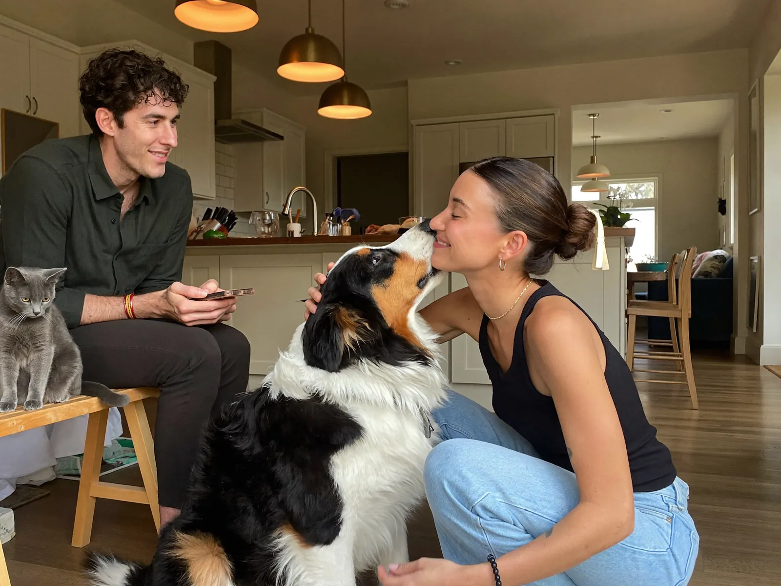 A couple at home in their kitchen: she gets a kiss from their Australian Shepherd while he and their grey cat look on