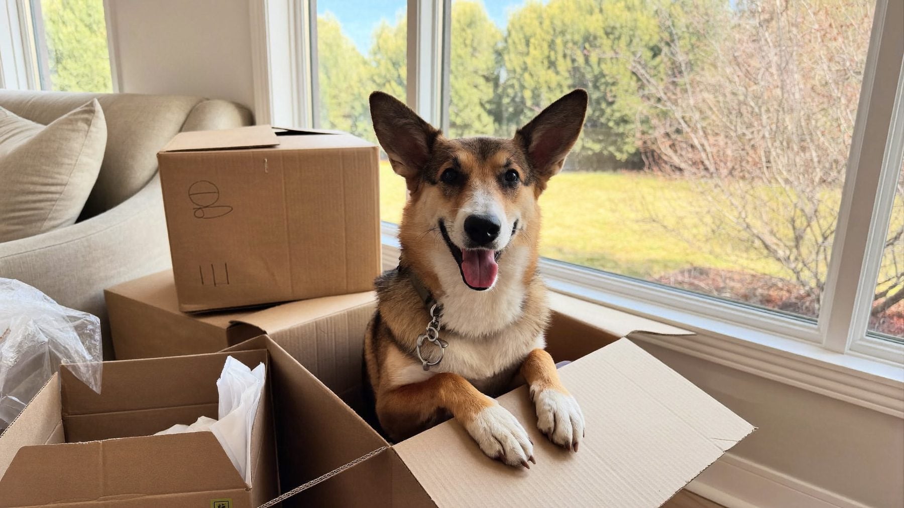A smiling dog leans out of an open cardboard box in a sunny living room on moving day.