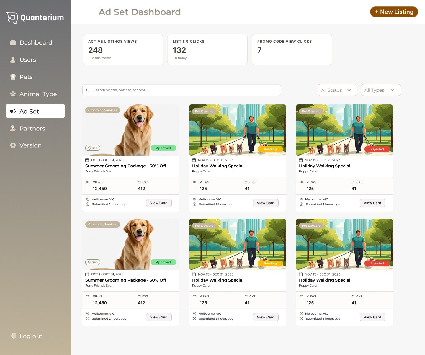 The partner console’s dashboard: views, clicks and promo-code views, and every listing with its status