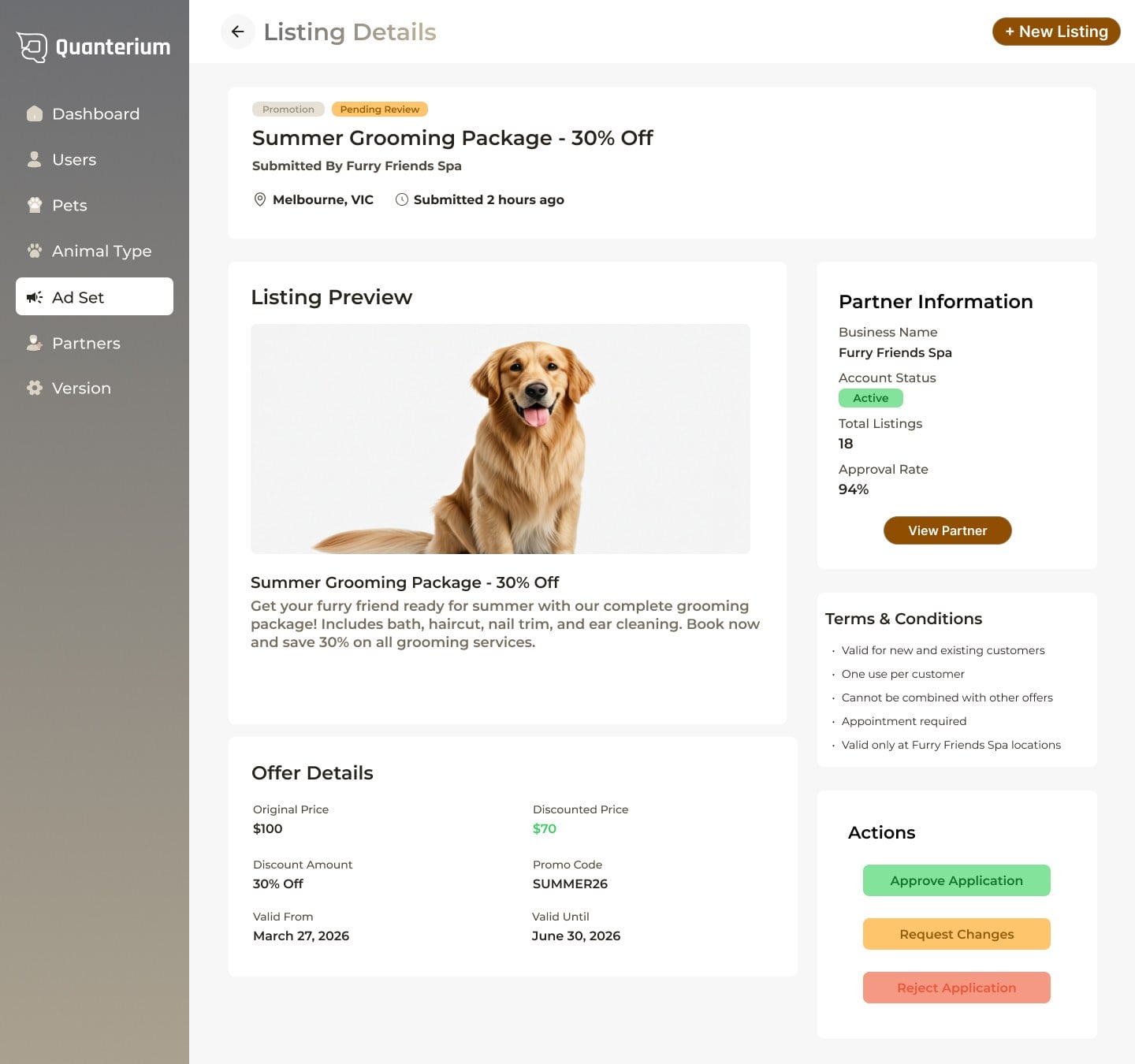 Reviewing one listing: the offer, the partner, its terms, and the buttons to approve it, request changes or reject it