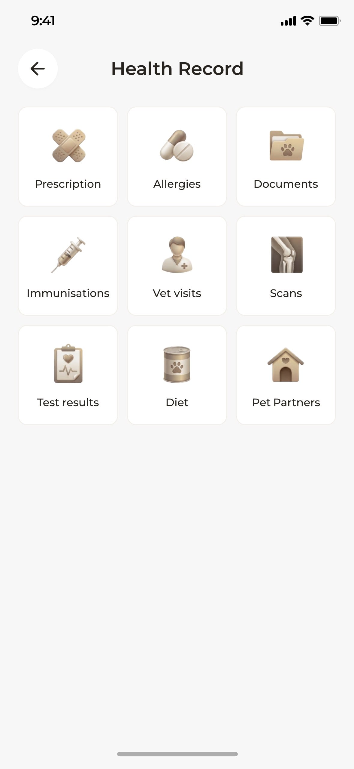 The Health Record screen: nine kinds of record, from prescriptions to diet