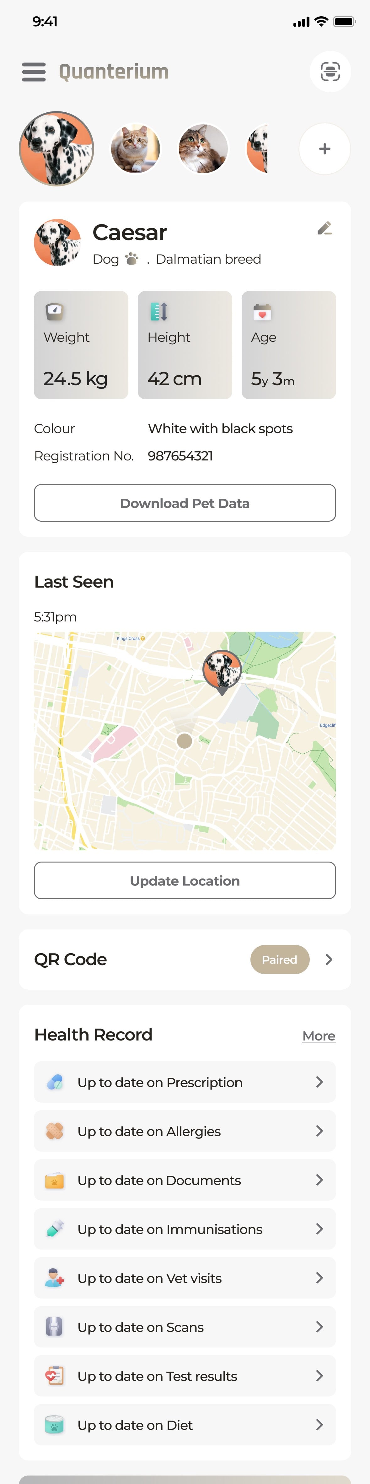 The home screen: Caesar’s profile, where he was last seen, a paired QR tag and his health record