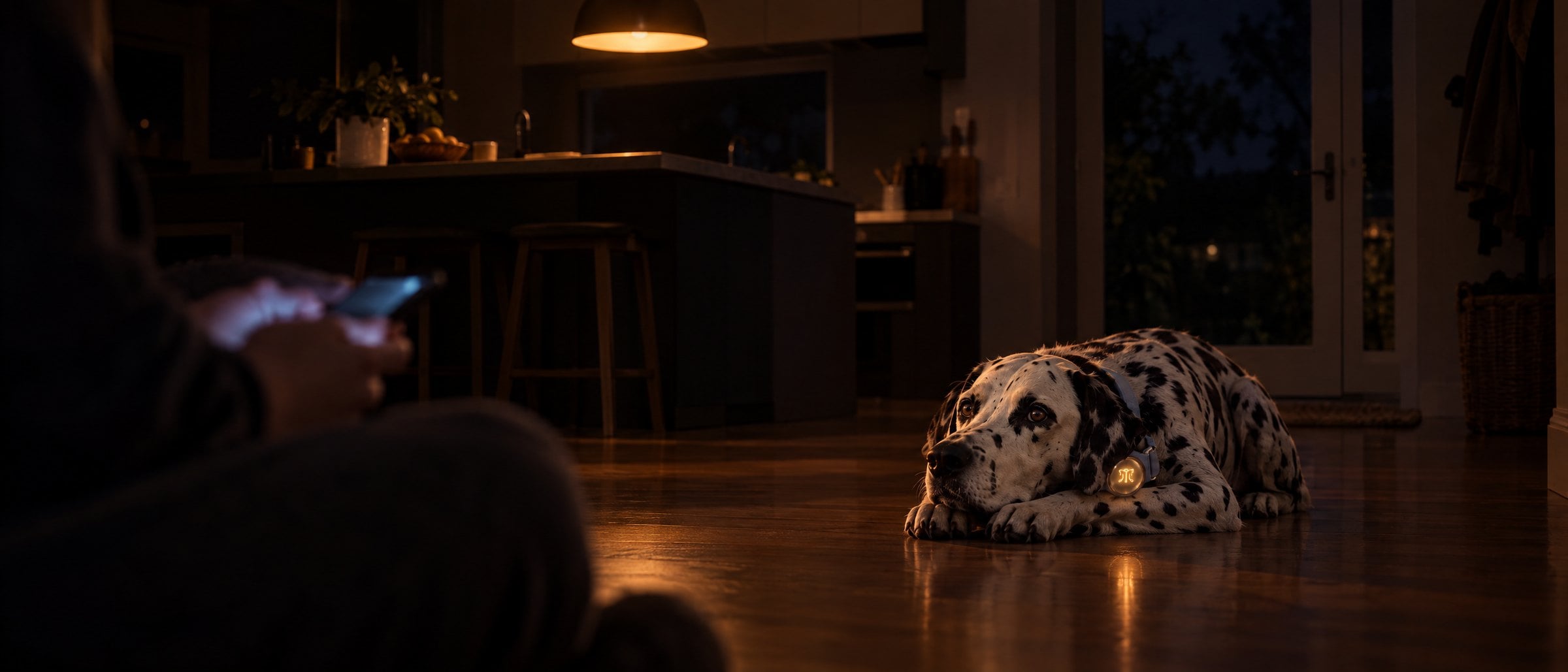 Late at night in a dark kitchen, a Dalmatian lies on the floor looking flat while its owner checks a phone