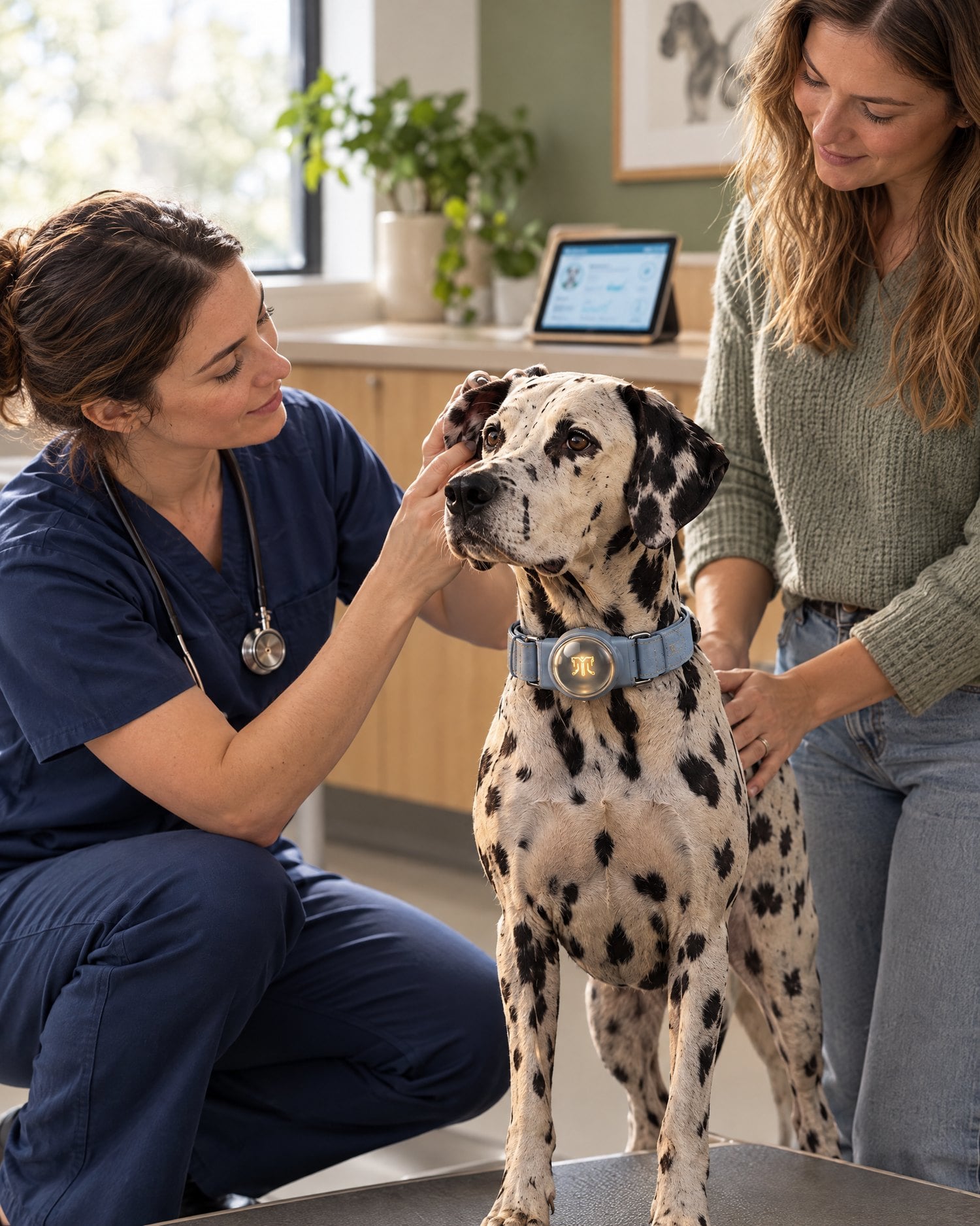A vet gently checks a Dalmatian’s ear on the consult table while its owner stands beside them