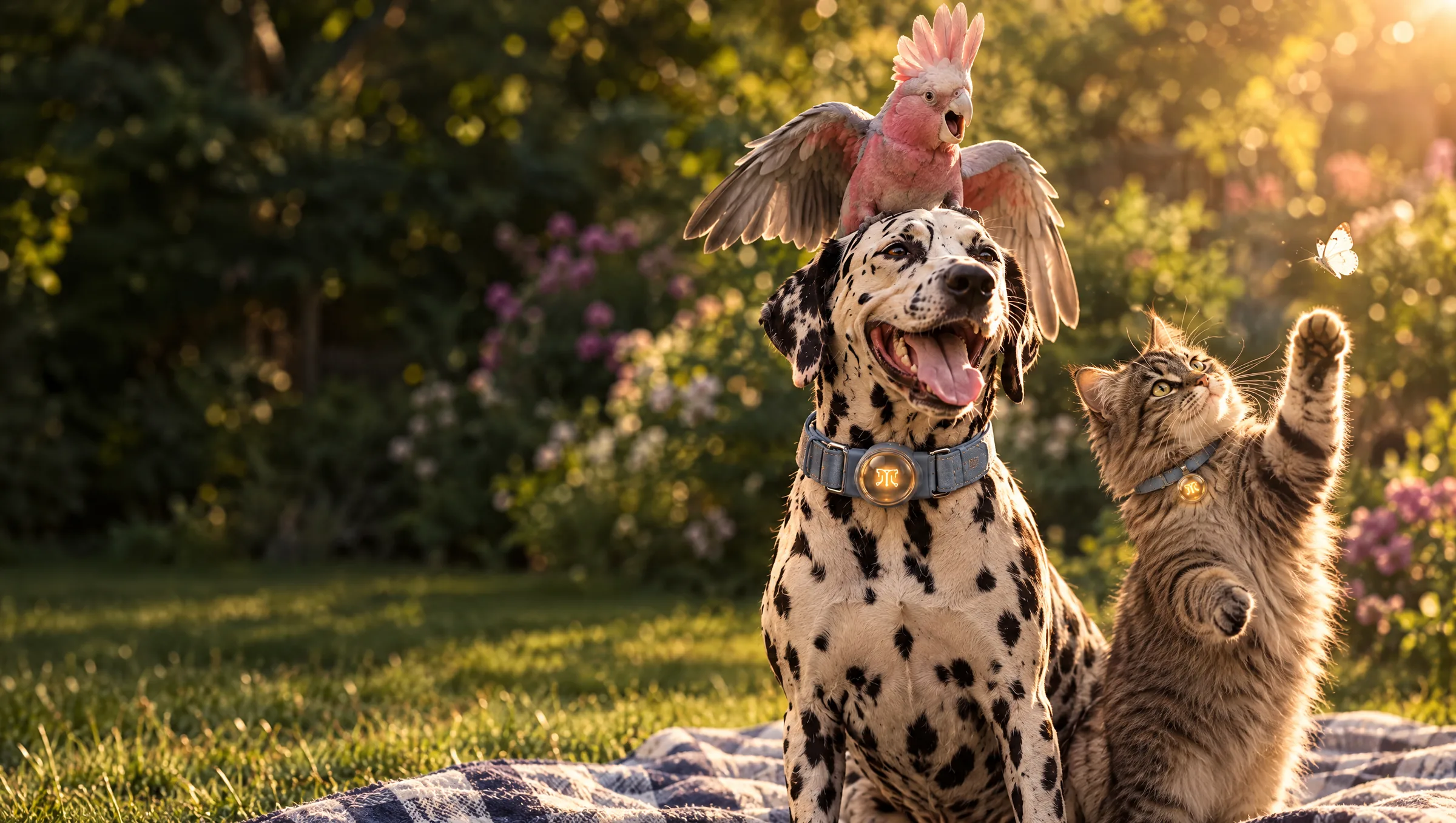 Caesar the Dalmatian grinning on a garden lawn in the late-afternoon sun, wearing a powder-blue collar with a glowing sensor, while Rosie the galah rides on his head with her wings out and Pickles the tabby cat swats at a butterfly
